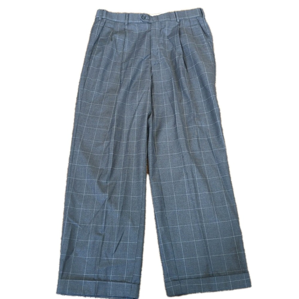 Paul Fredrick Mens 34x28 Gray Windowpane Plaid Wool Dress Slacks Pants 79